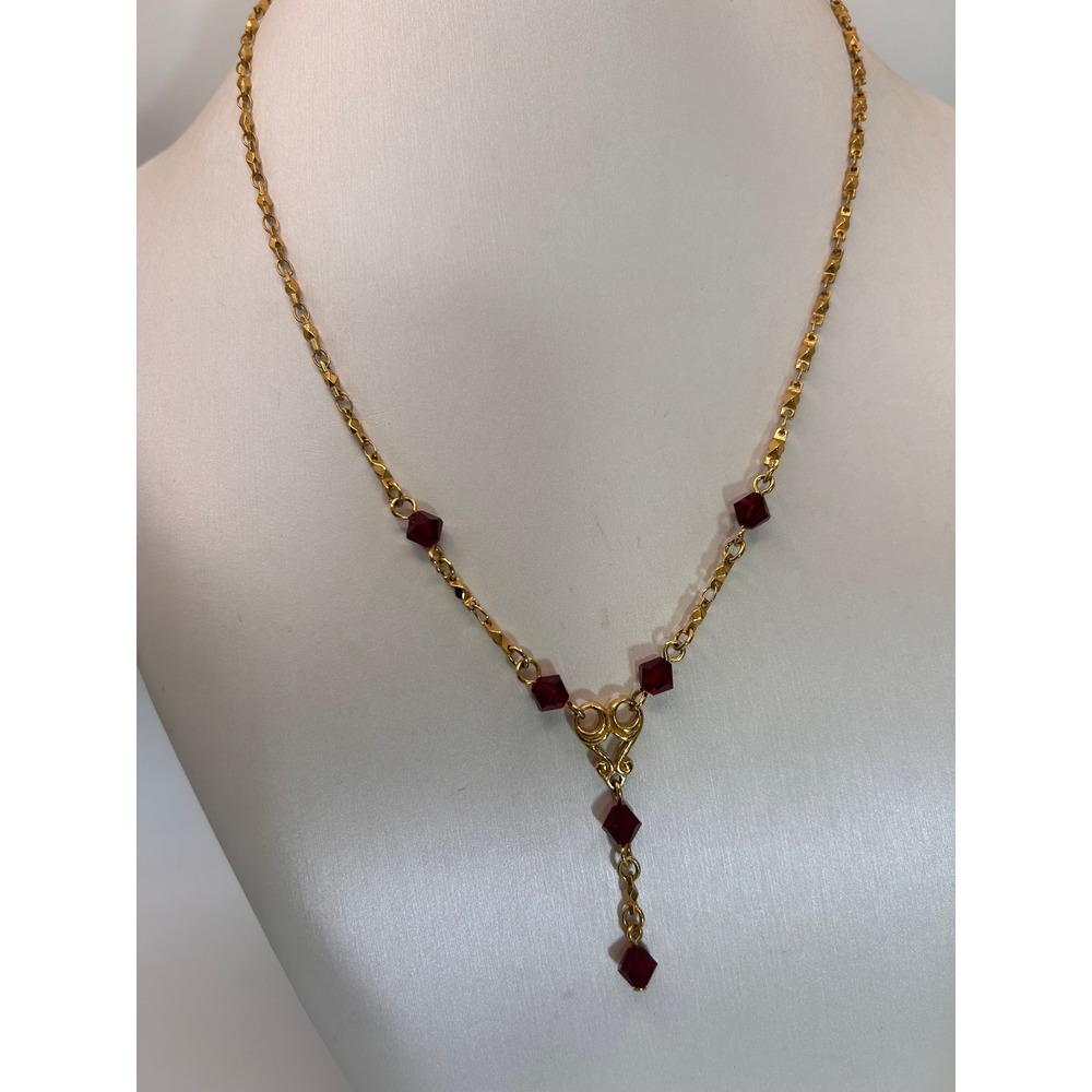 Vintage AVON Red Crystal Necklace Gold Tone Y Drop Pendant Statement